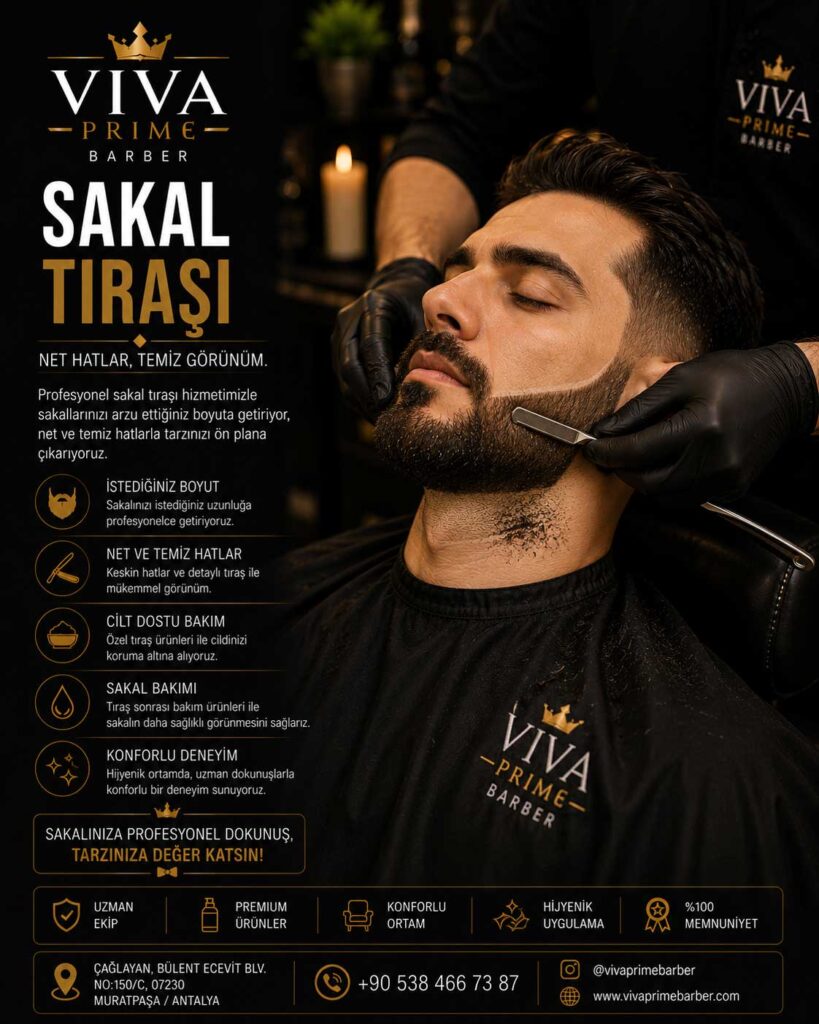 Sakal Tıraşı
Bakımlı ve düzgün bir sakal görünümü, erkek stilinin en güçlü detaylarından biridir. Viva Prime Barber’da sunulan profesyonel sakal tıraşı hizmeti sayesinde sakallarınız istediğiniz forma kavuşur, yüz hatlarınız daha belirgin görünür.